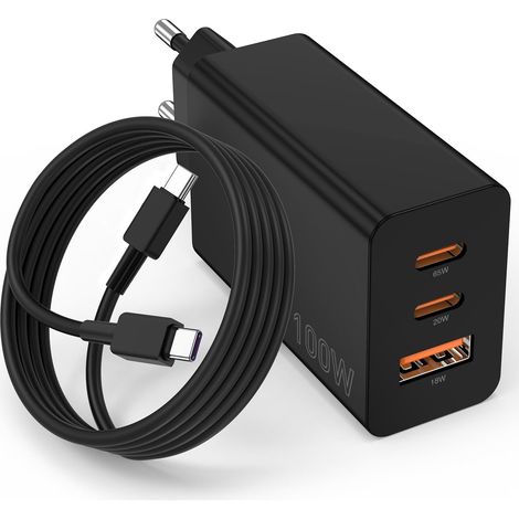 Chargeur USB C 100 W, Chargeur Rapide 3 Ports Prise USB C +USB A, GaN QC Prise Type C Adaptateur pour MacBook Pro, MacBook Air, iPad Pro, iPhone 17/16, Samsung Galaxy et Tous Les appareils USB C (1/5)