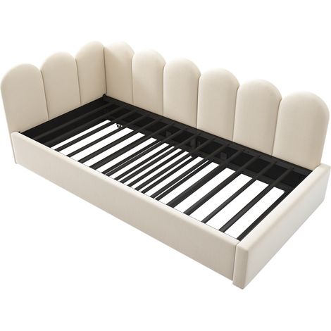 Lit de jour rembourré 90x200 cm, canapé-lit avec lit gigogne 90x190 cm, lit pour enfant avec sommier à lattes, velours, beige, sans matelas (1/5)