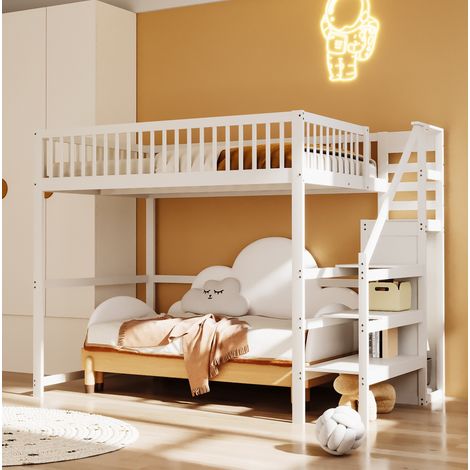 Lit 140x200 mezzanine avec escalier et rangement blanc OKMYHOME (1/5)