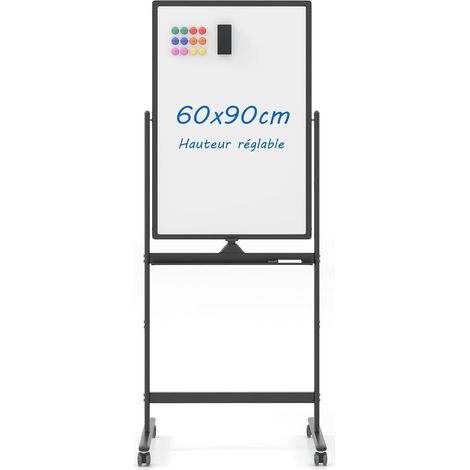 COSTWAY Tableau Blanc Mobile Magnétique Double Face, 60 x 90 cm, Tableau Réversible Effaçable à Sec, Hauteur Réglable sur 2 Positions, 4 Roulettes, pour École, Maison, Bureau (Noir) (1/5)