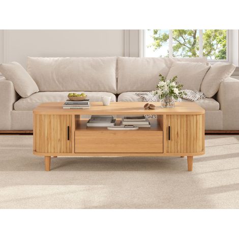 Table basse en bois naturel 100x50x35 cm avec rangement et tiroir (1/5)