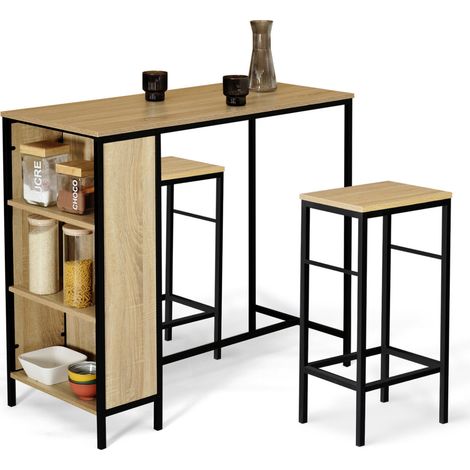 Idmarket – Ensemble table de bar DETROIT – 2 tabourets bois et métal – Dimensions table : 100x45x95cm – Tabourets : 32x32x67cm – Pour 2 personnes