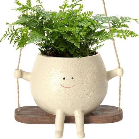 Pot De Fleurs Balançoire, Jardinière À Suspendre Intérieur Extérieur, Pot De Fleurs en Résine avec Visage Sourire Et Balançoire, Pot De Plant-ES Assis en Résine pour Plant-ES Succulentes