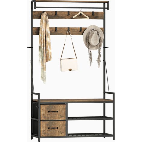 6-in-1 Garderobenständer mit Schuhregal, Industrie-Stil, 10 Haken, 2 Stoffschubladen, Metall, Braun
