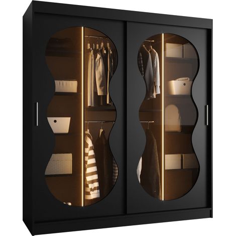 Armario Hartford 530, Negro, 200x180x62cm, Puertas de armario: Correderas, Número de estantes: 5, LED