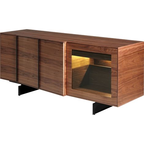 Buffet bois naturel avec 3 placards et 2 tiroirs éclairage intérieur à led - Noyer, noir (1/5)