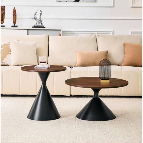 Lot de 2 tables basses rondes gigognes Ø70/50 cm noyer et noir, empilables, plateau mélaminé MEUBLIV (1/5)