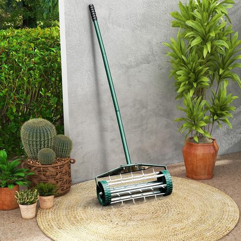 Goplus – Aérateur à gazon manuel 46 cm – Crampons de 3 cm pour sol ameubli – Longue poignée de 103 cm – Bouclier anti-éclaboussures (1/2)