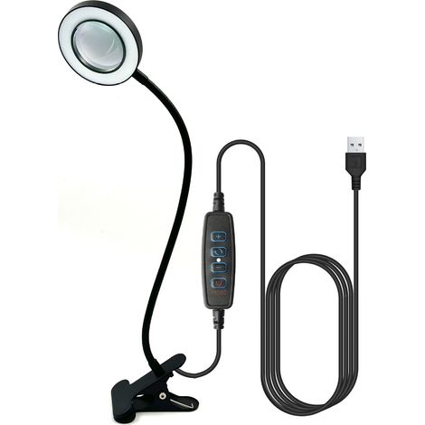 Lampe de Bureau à Pince Flexible à Lampe Lecture Clipsable 3 Modes d’Éclairage &Lampe de table avec loupe clip, Noir [Classe énergétique F] [Classe énergétique F]