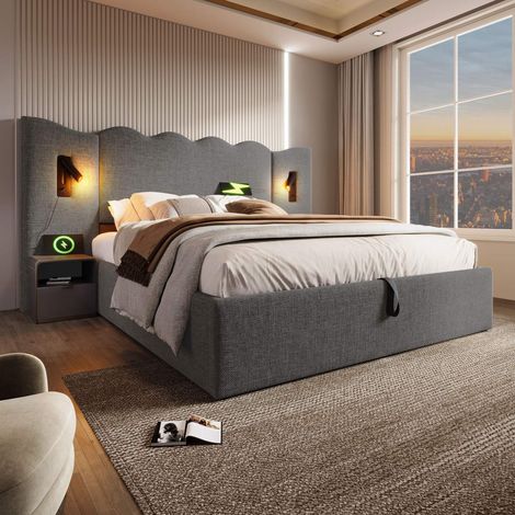 Lit rembourré 160x200 cm avec coffre hydraulique, lampe de lecture LED, USB-C, sommier à lattes en bois massif, lin gris sans matelas (1/5)