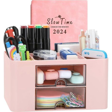 Boîte de rangement de bureau multifonctionnelle en plastique rose à 7 compartiments avec tiroirs (1/4)