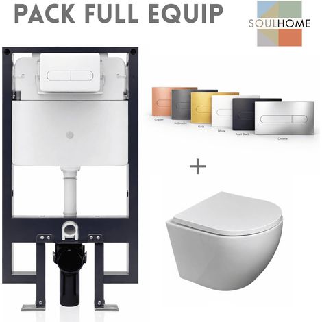 SOULHOME - Pack WC Inodoro Blanco Mate Suspendido Completo con Cisterna Empotrada, Pulsador Cromo  Tapa Amortiguada y Fijaciones Ocultas (1/5)