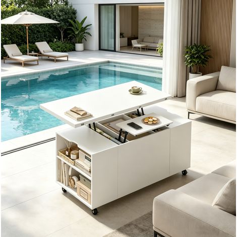 Table basse relevable blanche avec roulettes, rangement intégré, bois et métal, OKWISH (1/5)