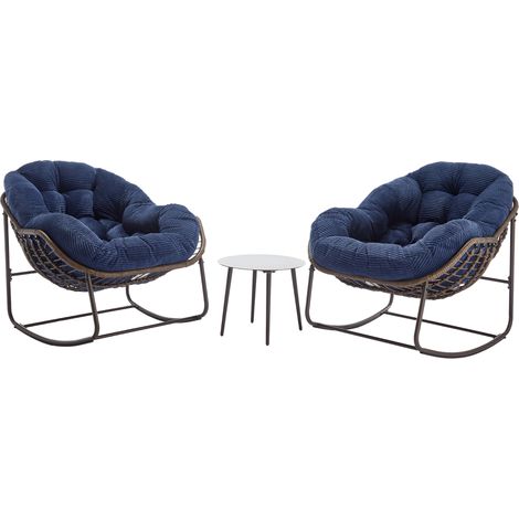 Fauteuil à bascule extérieur en résine tressée bleu marine, grand modèle avec coussin, structure acier, pour terrasse, jardin et salon - CHICFURN