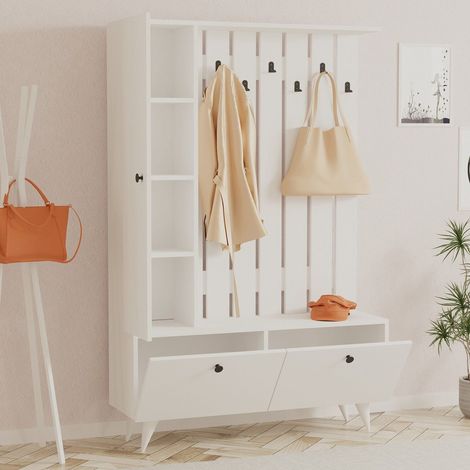 Mueble de Entrada Aiello, Perchero, 6 Estantes, Apertura Abatible, 112x35x170h cm Blanco (1/4)