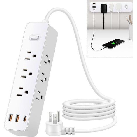 Multiprise résistante avec fiches plates, cordon de 1,2 m et rallonge USB/USB-C (1/4)