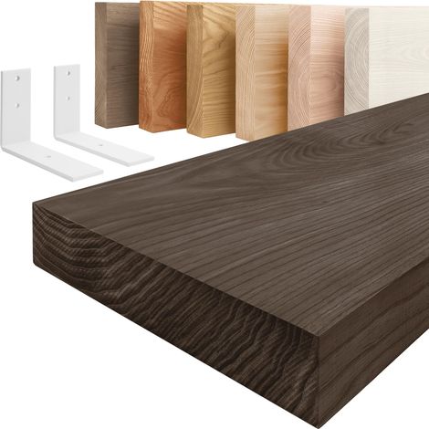 LAMO Manufaktur étagère murale en bois massif, bord régulier, étagère de rangement Basic, bois foncé / équerre blanche 120cm, LW-01-A-004-120LW