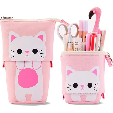 Porte-crayons sur pied, trousse télescopique en toile résistante rose avec motif chat mignon, idéale pour les cosmétiques et le maquillage. (1/5)