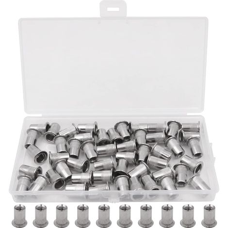 50 PCS M6 Type Écrou à Rivet en Acier Inoxydable Tête Plate Insert Fileté Rivet Douille Nutsert M6 Outil d'Installation pour la menuiserie construction plomberie (1/5)