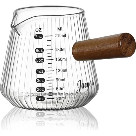 210ml Verre Doseur à Expresso, 7oz Borosilicate Pichet Doseur Cuisine Style Origami, Transparent Tasse à Café Gradué, Pot à Lait avec Anse en Bois et Bec Verseur, Petite Gobelet Mesureur (1/5)
