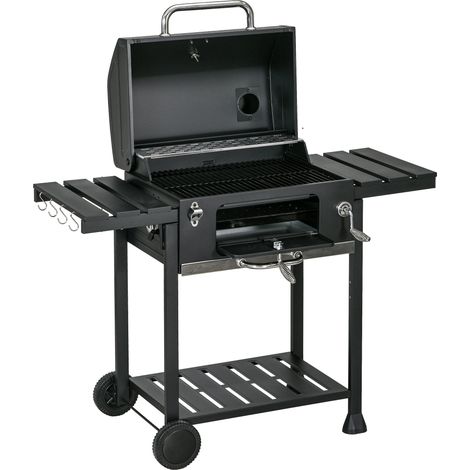 Barbecue a Carbone Griglia Regolabile con Coperchio Ruote e Tavolini Nero (1/5)