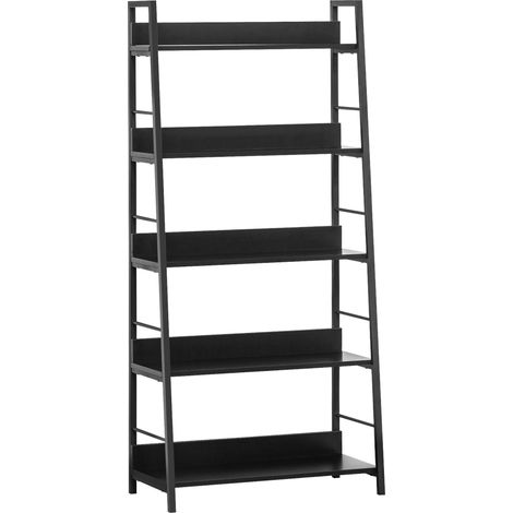 Bibliothèque inclinée à 5 niveaux de style industriel, 70 x 35 x 150 cm (L x l x H), noire (1/5)