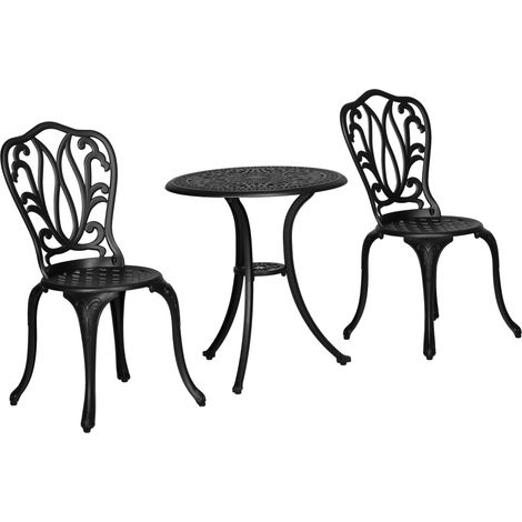 3-teiliges Gartenset mit 2 Gartenstühlen und einem Glastisch mit Sonnenschirmloch, aus Aluminium, schwarz