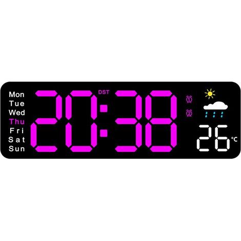 Horloge murale LED créative avec affichage de la température, alarme et calendrier perpétuel, style minimaliste moderne, blanc coquillage et lumière rose rouge (1/5)