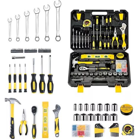 Caisse à Outil complete 108 Pièces - Boite à Outils ménagers, Malette outils avec jeu de Tournevis, Marteau, Pinces et Clé à Douille à Cliquet, pour Bricolage à la maison, Voiture, Garage (1/5)