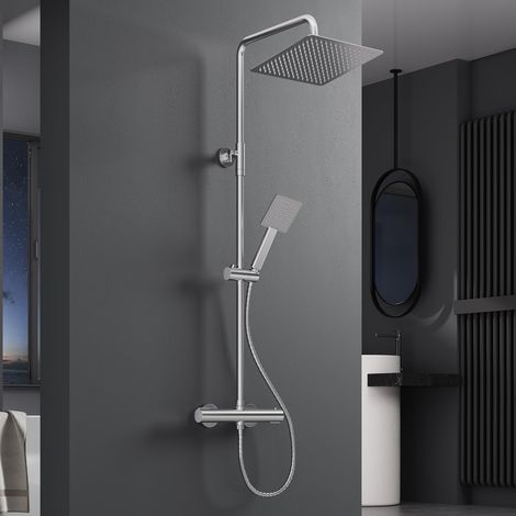 Colonne de Douche avec Mitigeur Thermostatique, Kit Douche Pluie Acier Inoxydable 304, Ciel 25x25 cm, Barre Réglable 88-125 cm, Adaptable aux Perçages, Douchette avec Flexible Anti-fuite, Chromé (1/5)