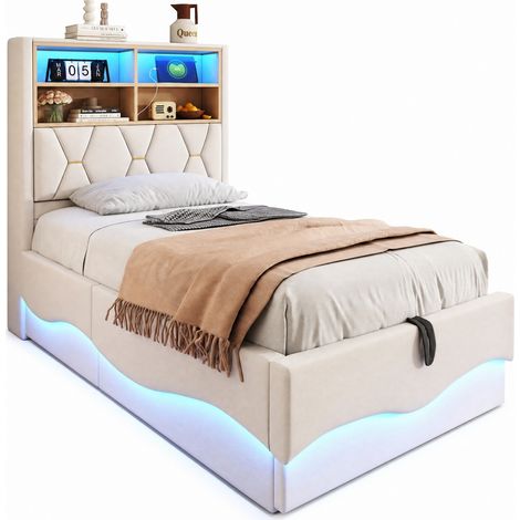 Lit enfant 90 x 200 cm avec rangement hydraulique, LED APP multicolore, port USB, cadre métal et tissu beige, idéal pour chambre moderne  CHICFURN (1/5)