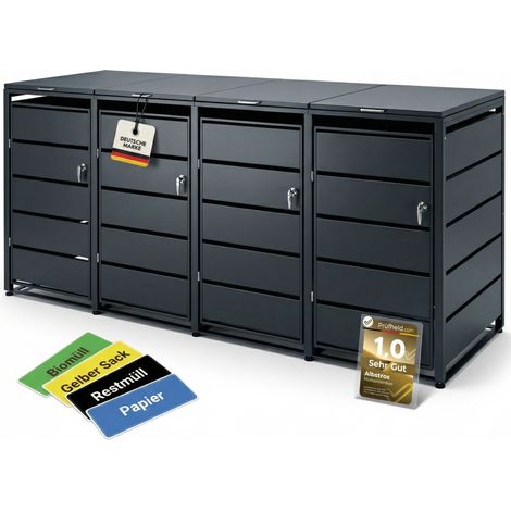 Albatros Mülltonnenbox 4er Tonne  bis 240 Liter  Anthrazitgrau RAL 7016  verzinkter Stahl  Premium Dämpfer Aufkleber-Set  wetterfest verstellbare Füße Türgriff mit Schloss  Gartenbox  entwickelt in De (1/5)