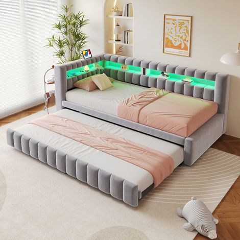 Cama nido 90/200 cm en terciopelo gris claro con LED, USB y almacenaje integrado (1/5)