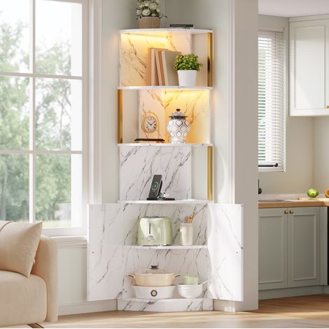 Meuble d’angle de rangement avec LED et prises, 2 portes, 38 x 38 x 180 cm, MDF blanc (1/5)