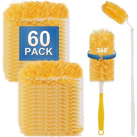 Kit de recharges pour plumeau haute résistance, 60 plumeaux jetables à rotation 360° avec manche télescopique de 90 cm et poignée courte (1/5)