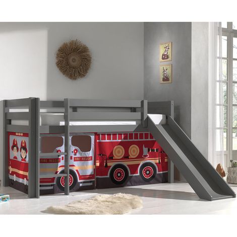 Cama de media altura 90x200 con Tobogán, somier y funda Bombero Vipack Pino Gris (1/4)