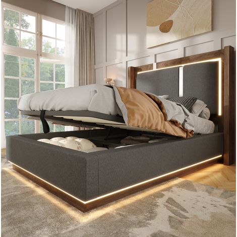 MEUBLIV Letto 90x200 cm grigio – LED, contenitore e rete a doghe, senza materasso (1/5)