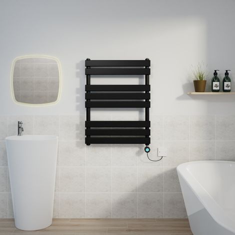 Flat Electric Towel Rail Thermostatic Timer Black 800x600mm