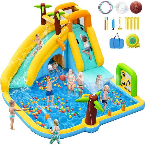Inflatable Water Castle with Fan 450W - 10-in-1 Water Slide for Kids Indoor and Outdoor with Pool, Sprinklers and Big Slide (1/5)
