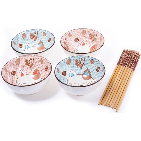 Lachineuse - Coffret 4 Bols Chat Japonais ⌀ 11cm - Bols à Riz, Petit Déjeuner & Soupe - Vaisselle Japonaise en Porcelaine - Avec Baguettes - Maneki Neko Porte Bonheur - Cadeau Déco Kawaii Japon (1/5)