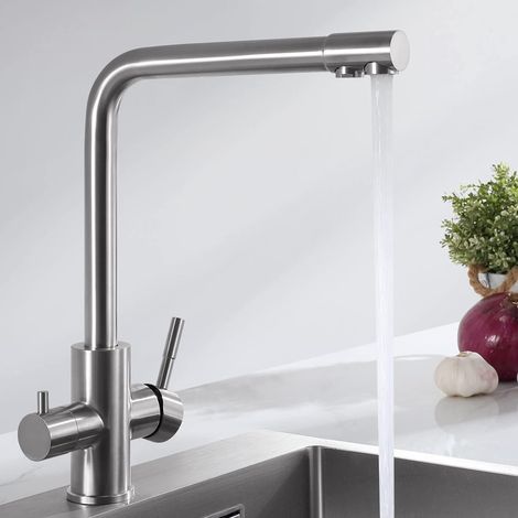 Robinet de cuisine à trois voies, mitigeur d'évier, avec deux sorties d'eau: eau filtrée et eau chaude et froide, bec pivotant à 360°, galvanoplastie (1/5)