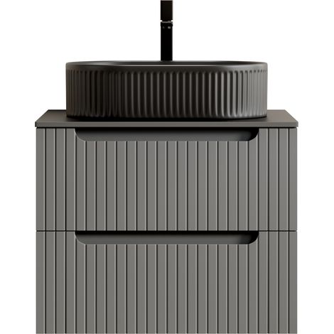CHICFURN Mueble lavabo suspendido 60 cm negro y gris oscuro, lavabo ovalado, 2 cajones (1/5)