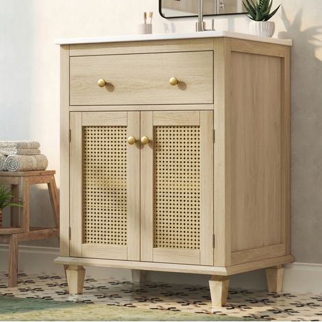Badezimmermöbel mit Keramikwaschbecken 61 cm, Rattantüren, Natur, OKMYHOME (1/5)
