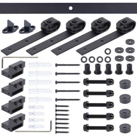 STOEX 2.44M Quincaillerie Kit de Rail Suspendu Porte Double Coulissante, Double Porte J Forme, Ensemble Industriel Hardware kit pour Porte Suspendue en Bois Système de Porte avec Roulettes et Rail