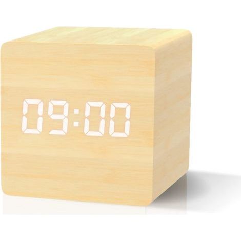 Sveglia digitale in legno naturale, sveglia a LED con visualizzazione di data e temperatura, 3 allarmi, 4 livelli di luminosità, alimentazione a batteria o USB. (1/5)