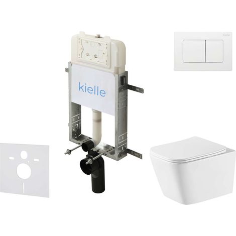 kielle Genesis New - Conjunto de instalación empotrada, inodoro Arkas I, Vortex Rimless+, asiento softclose y pulsador Gemini New III, blanco brillante 30528SZ79