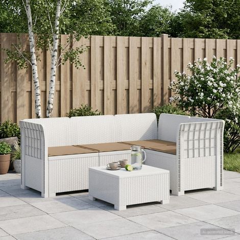 Canapé de Jardin Modulable 4 Places en PP Aspect Rotin Blanc avec Coussins Taupe - PANGIVO (1/5)