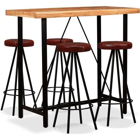 Table de bar bois de Sesham massif et 4 tabourets cuir marron Spani (1/5)