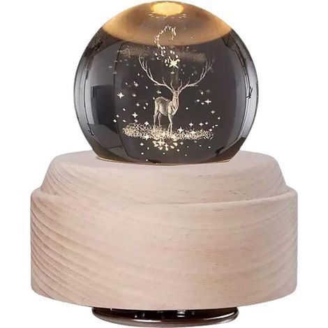 [JAMAIS UTILISÉ]Boule de neige de Noël musicale avec des paillettes tourbillonnantes Rudolph renne boule de cristal avec support en bois lampe à LED veilleuse décor à la maison ornement anniversaire (1/5)