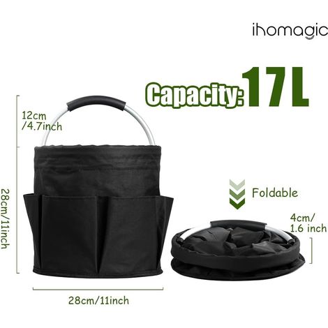 Borsa portaoggetti pieghevole, cestino cilindrico con 6 tasche laterali, borsa portautensili, secchio portaoggetti portatile per prodotti per la pulizia, viaggio, 28x28x28cm 17L (nero) (1/4)